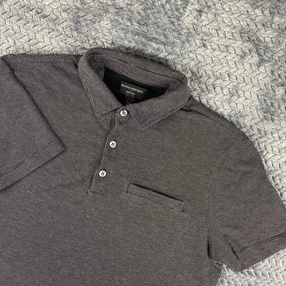 Banana Republic Gray Dress Polo Shirt with Small White Dots Size: Large